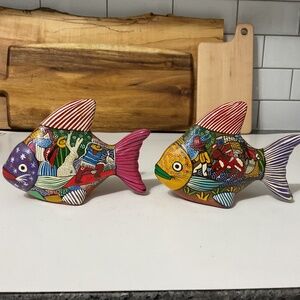 VTG Mexican Talavera Folk Art Red Clay Pottery Hand Painted Fish Set of 2